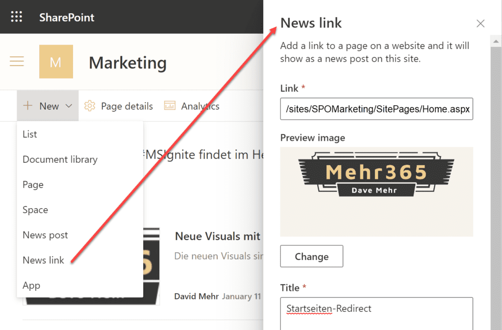 News Link Seite für Weiterleitung auf Seite